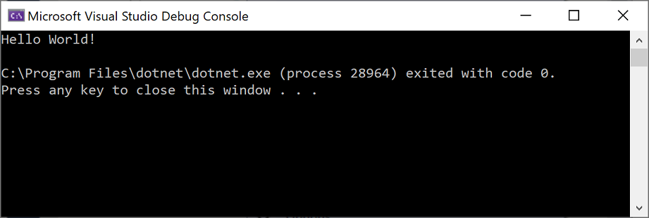 Captura de tela da janela Console de Depuração do Microsoft Visual Studio mostrando a saída 'Olá, Mundo!' e 'Pressione qualquer tecla para fechar esta janela'.