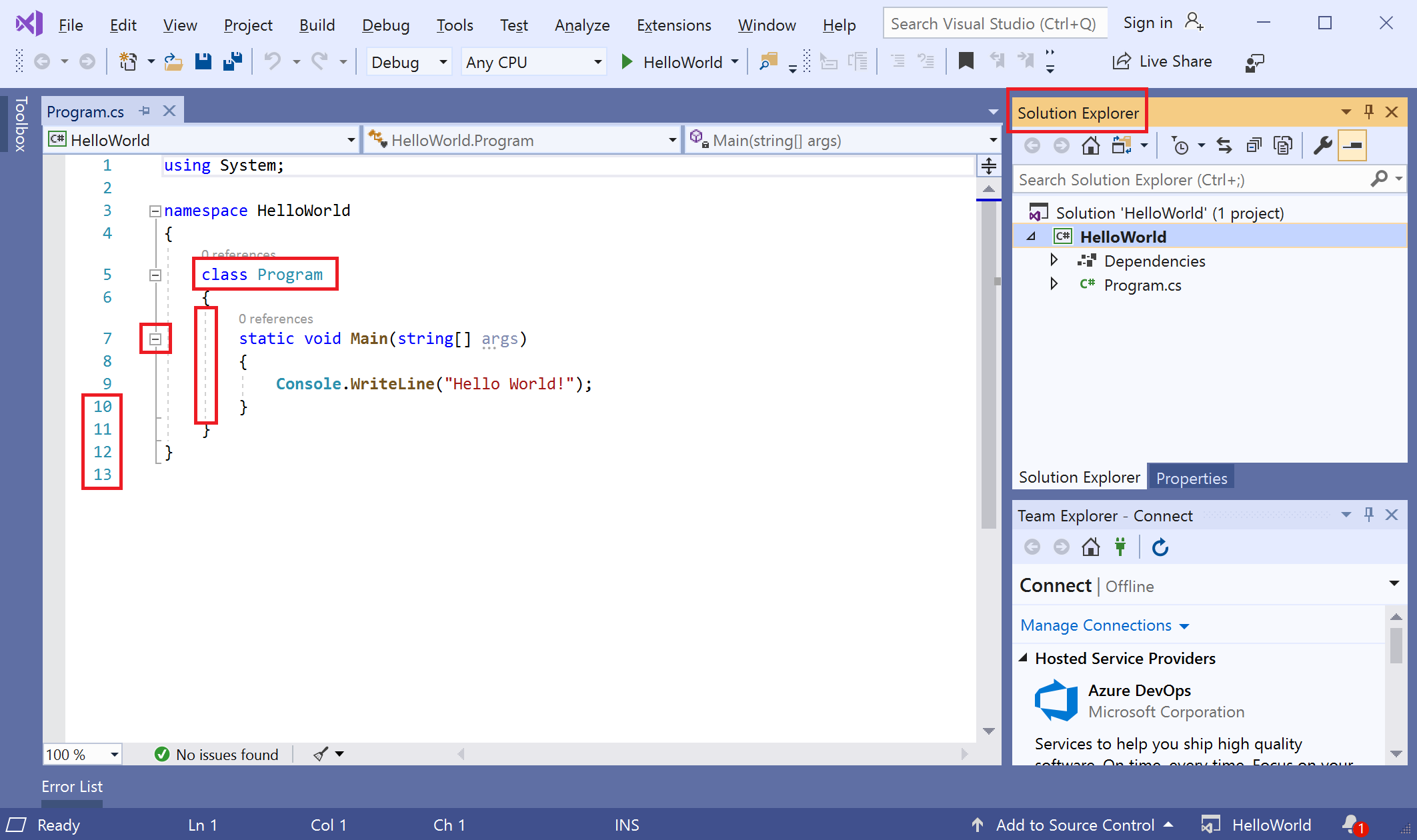 Captura de tela que mostra o IDE do Visual Studio com caixas vermelhas.