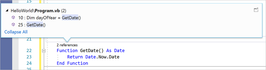 Captura de tela que mostra o CodeLens no Visual Studio.