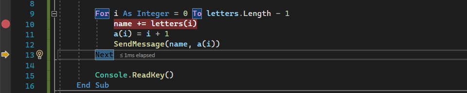 Screenshot showing a Debug session in the Visual Studio Code editor with execution paused after stepping over the 'SendMessage' method call.