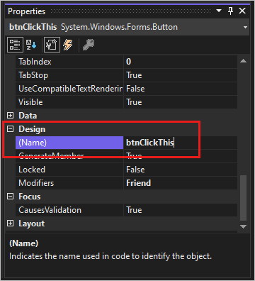 A captura de tela mostra a propriedade Name com um valor de btnClickThis.