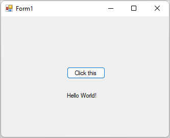 Screenshot shows dialog box titled Form 1 that displays the text Hello World!