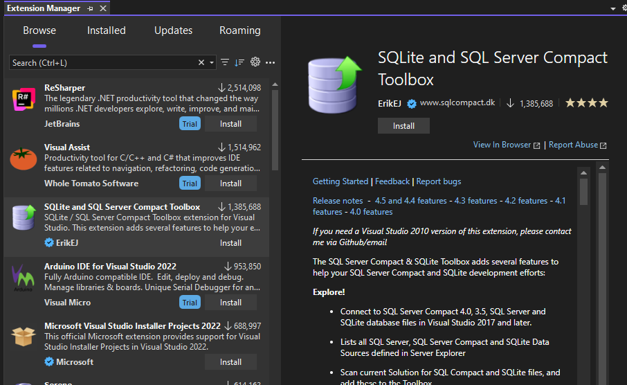 Screenshot of the Manage Extensions window in Visual Studio