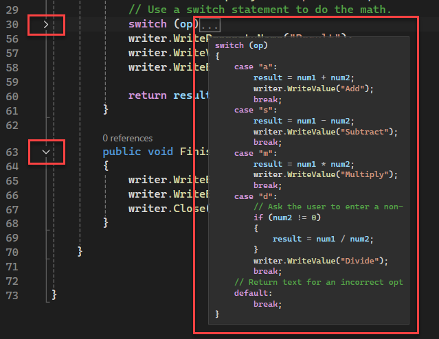 Captura de tela de um exemplo de código recolhido que mostra a margem de estrutura de tópicos e um exemplo do código expandido visível de uma dica de ferramenta.
