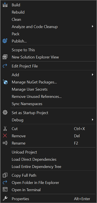 Captura de tela do menu de contexto de clique com o botão direito do mouse em um nó de projeto no Gerenciador de Soluções.