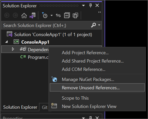 Captura de tela da caixa de diálogo Remover Referência Não Utilizado do menu de contexto no Gerenciador de Soluções.
