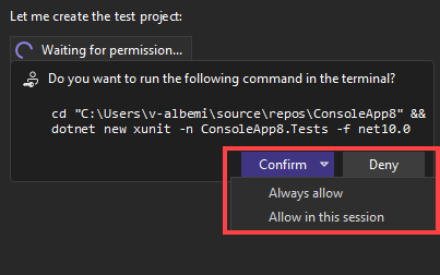 Captura de tela que mostra os comandos para aprovação do agente.
