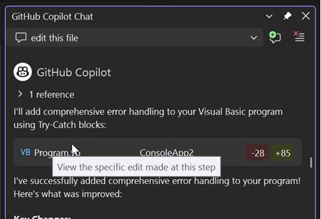 Screenshot que mostra o acesso a diferenças de edição individuais com o agente do Copilot.