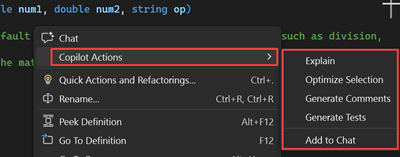 Captura de tela das ações do Copilot no menu de contexto.