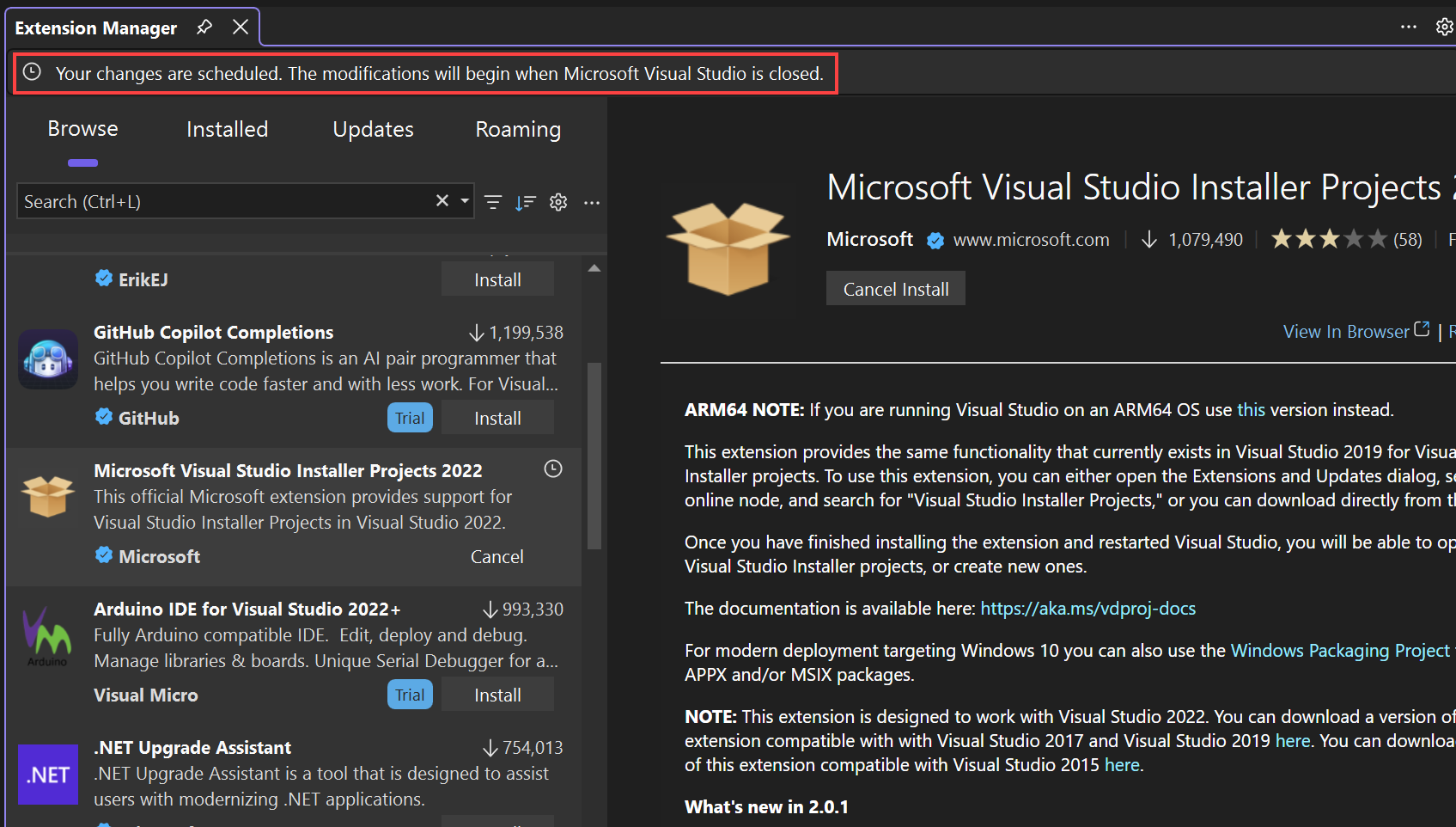 Captura de tela mostrando a notificação no Gerenciador de Extensões informando que as alterações estão agendadas.