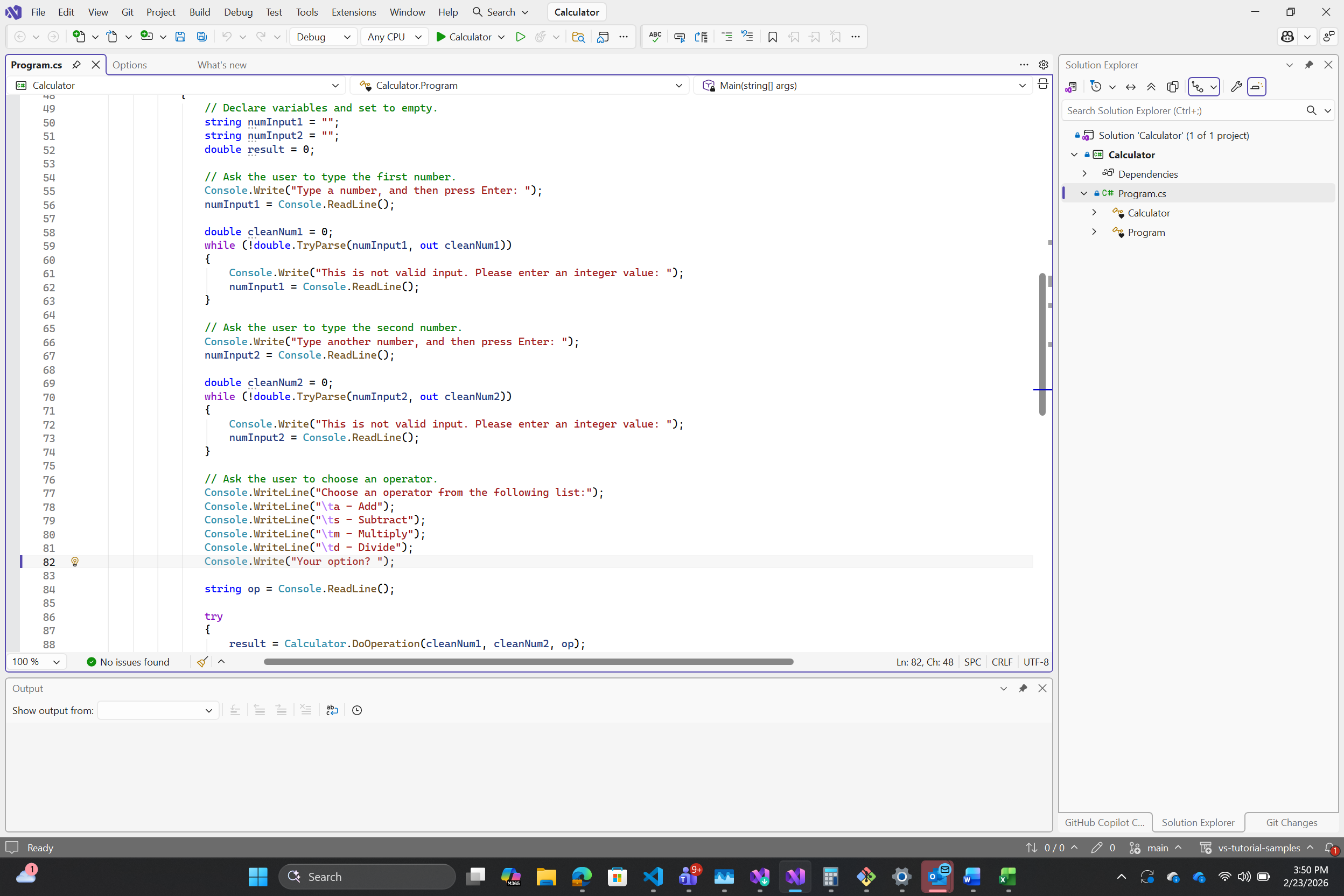 Captura de tela do IDE do Visual Studio usando o tema Light.