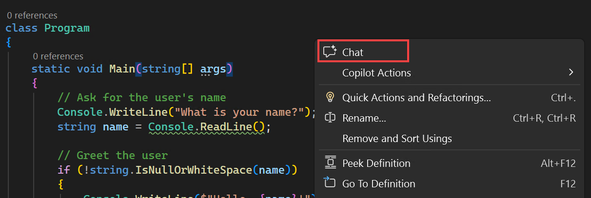 Captura de tela de como habilitar o chat embutido no editor no menu de contexto.