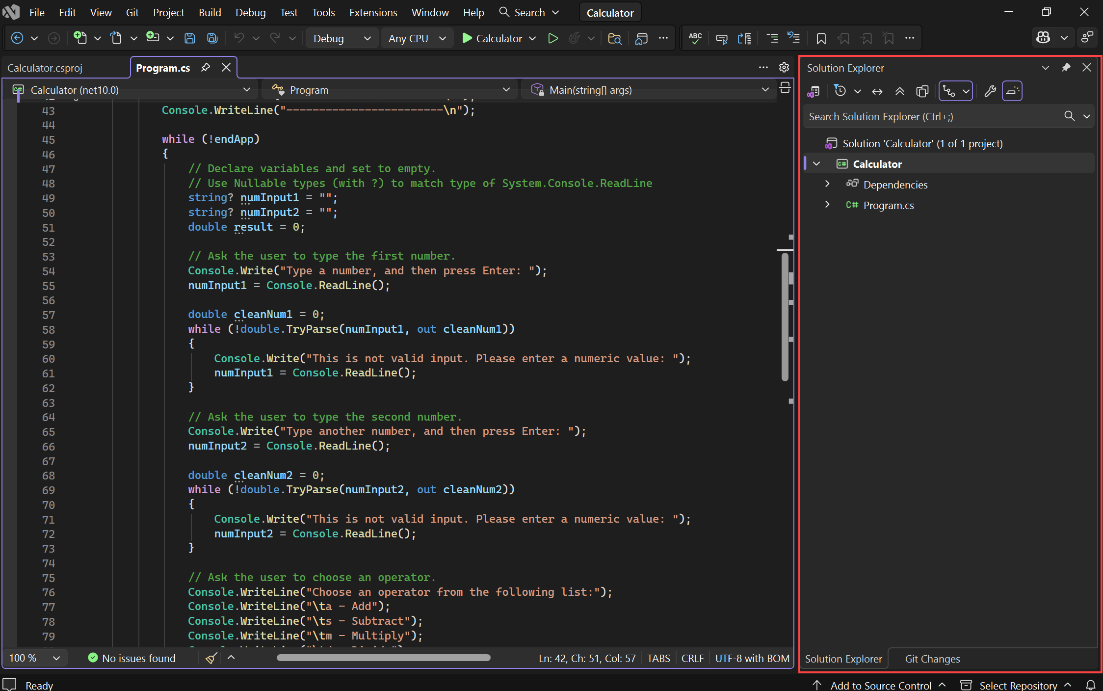 Captura de tela do IDE do Visual Studio que mostra onde o Gerenciador de Soluções está posicionado.