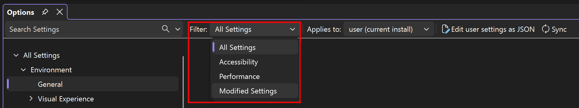 Captura de tela das opções De filtro no painel Configurações.