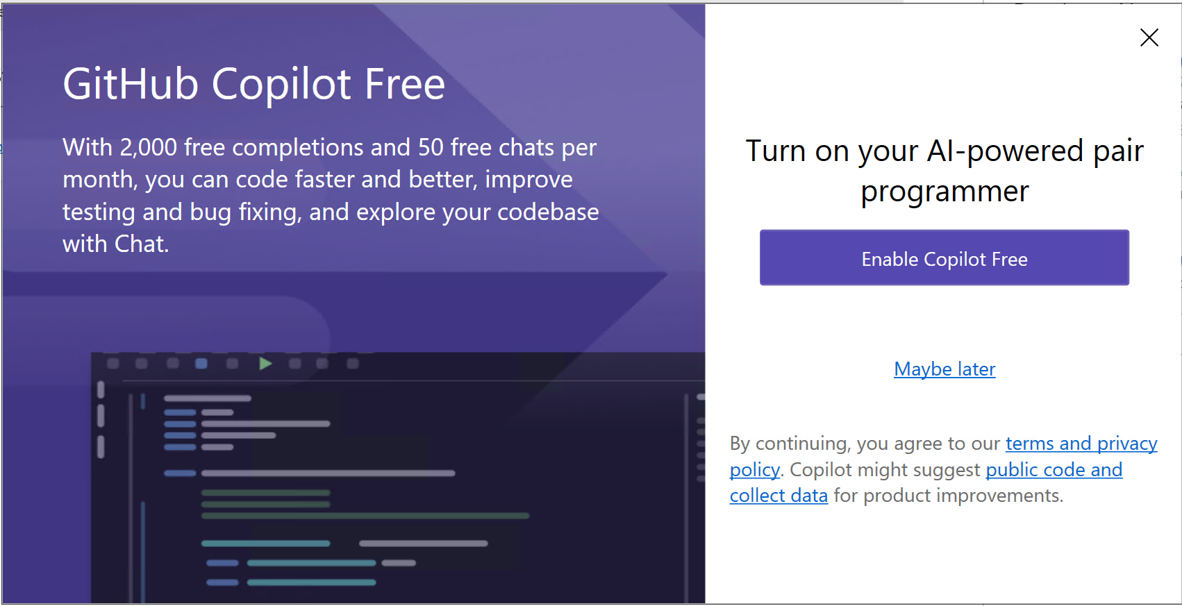 Captura de tela mostrando a entrada na primeira inicialização do Visual Studio.