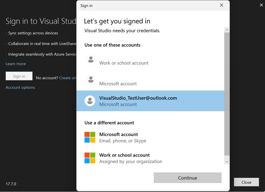 Adicione outras contas ao Visual Studio com o fluxo de trabalho do agente de autenticação do Windows.