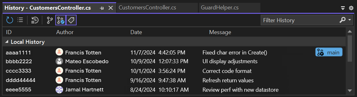 Screenshot que mostra o histórico de alterações do CodeLens para código em um repositório GitHub em Visual Studio.