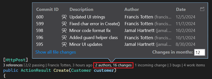 Screenshot que mostra os dados do histórico de alterações do código no CodeLens para Visual Studio.