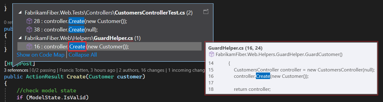 Captura de tela que mostra como ver o arquivo com a referência usando CodeLens - Peek reference para o Visual Studio.