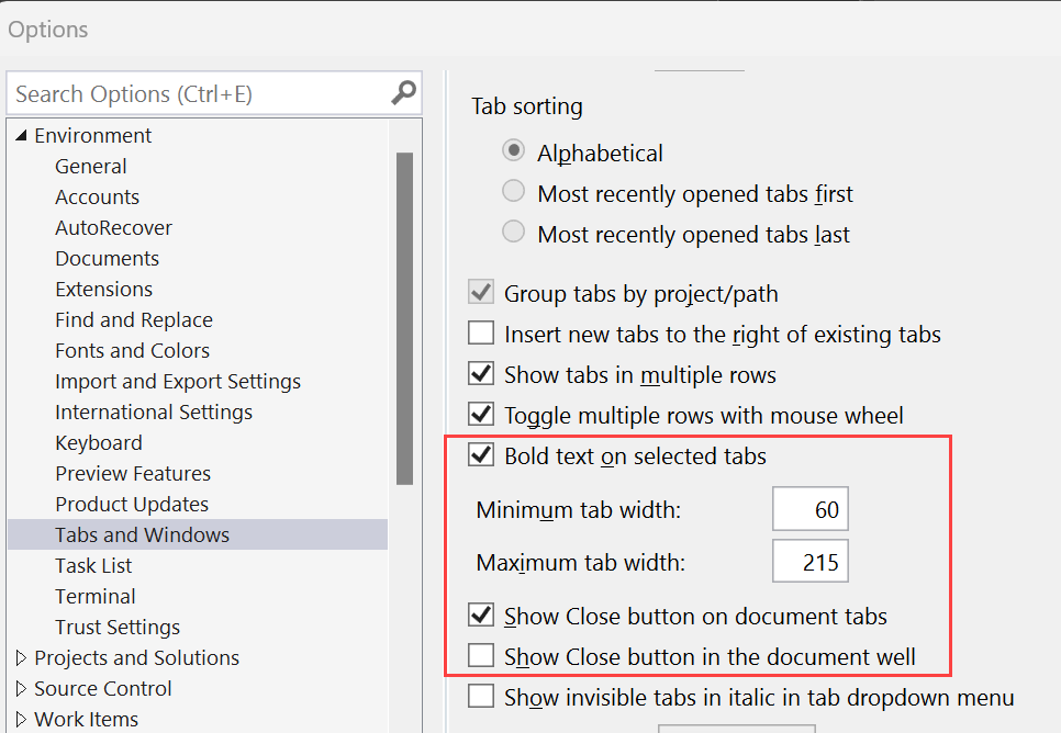 Captura de tela das opções de guias no Visual Studio.