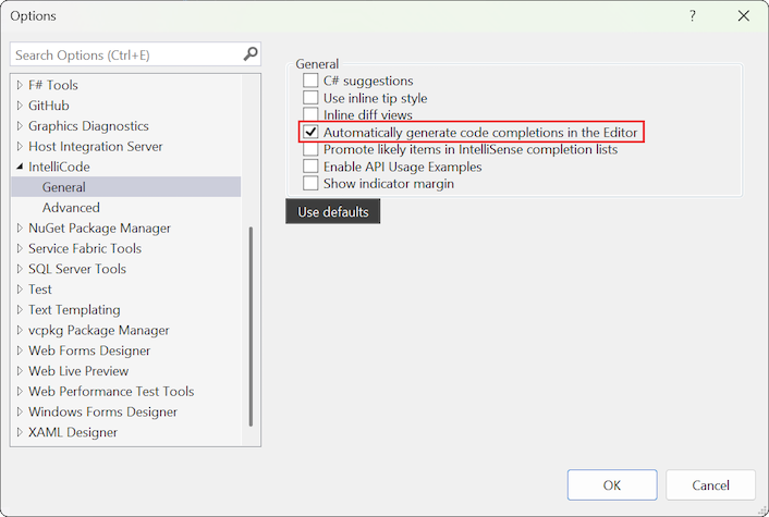 A captura de tela mostra como definir as conclusões de código geradas automaticamente na opção do editor para IntelliCode.