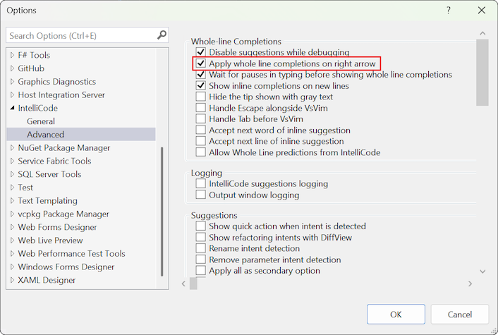 Captura de tela do menu Configurações para alterar a seta para a direita para aceitar o preenchimento automático de linha inteira.
