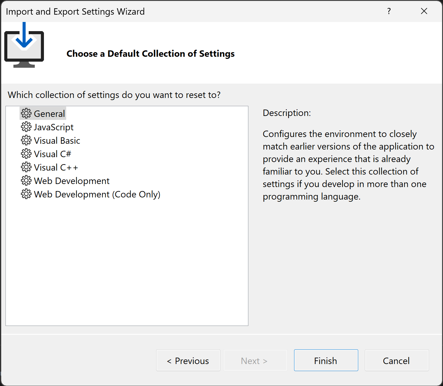 Captura de tela da coleção padrão de configurações no Visual Studio.