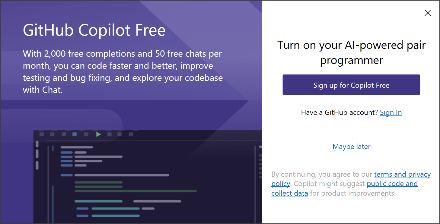 Captura de tela da tela Inscrever-se no Copilot Free durante o primeiro lançamento.