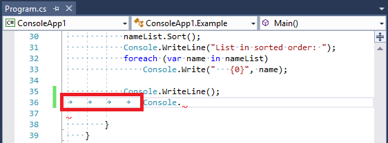 Captura de tela que mostra a tecla Tab adicionando caracteres de tabulação no código.