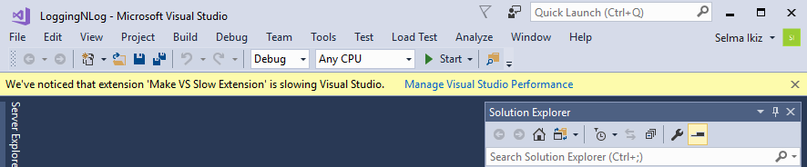 Screenshot of the Performance Manager popup that says 'We've noticed that extension ... is slowing Visual Studio'