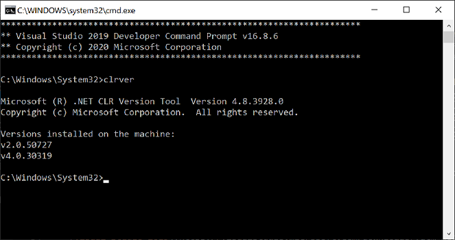 Captura de tela do Prompt de Comando do Desenvolvedor para Visual Studio 2019 mostrando a ferramenta clrver.