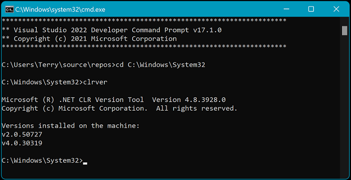 Captura de tela do Prompt de Comando do Desenvolvedor para Visual Studio 2022 que mostra a ferramenta clrver.