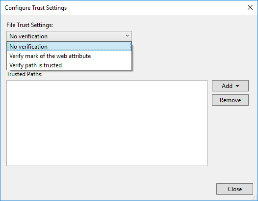 Configurações de confiança de arquivos e pastas - Visual Studio (Windows)