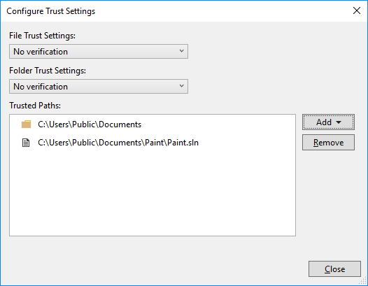 Configurações de confiança de arquivos e pastas - Visual Studio (Windows)
