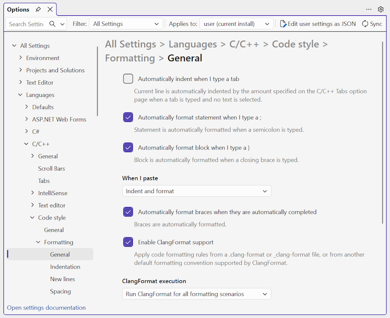 Captura de tela das configurações de Formatação Geral para o idioma C/C++ no painel Opções.