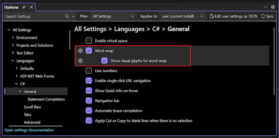 Captura de tela que mostra como definir a opção de encapsulamento do Word para um idioma específico.