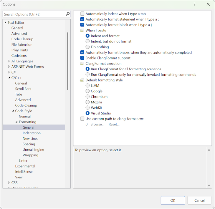 Captura de tela das configurações de Formatação Geral para o idioma C/C++ na caixa de diálogo Opções.