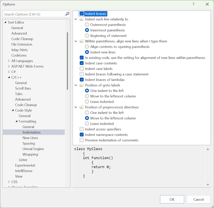 Captura de tela das configurações de Formatação de Recuo para o idioma C/C++ com uma configuração selecionada demonstrada no painel Visualização.