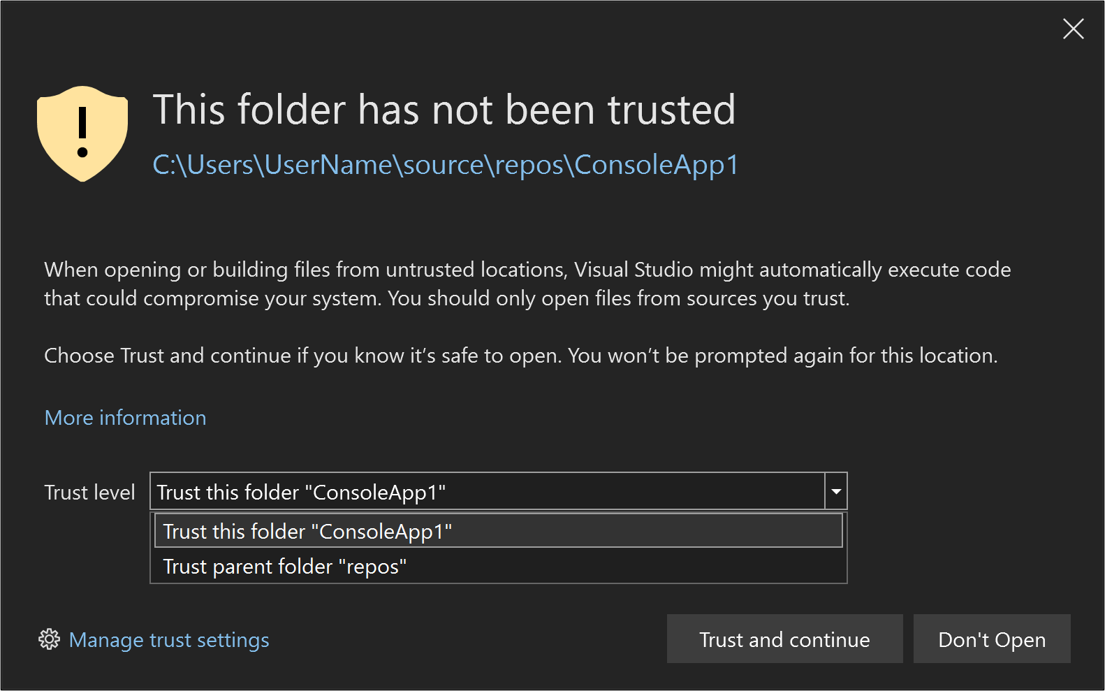 Configurações de confiança de arquivos e pastas - Visual Studio (Windows)