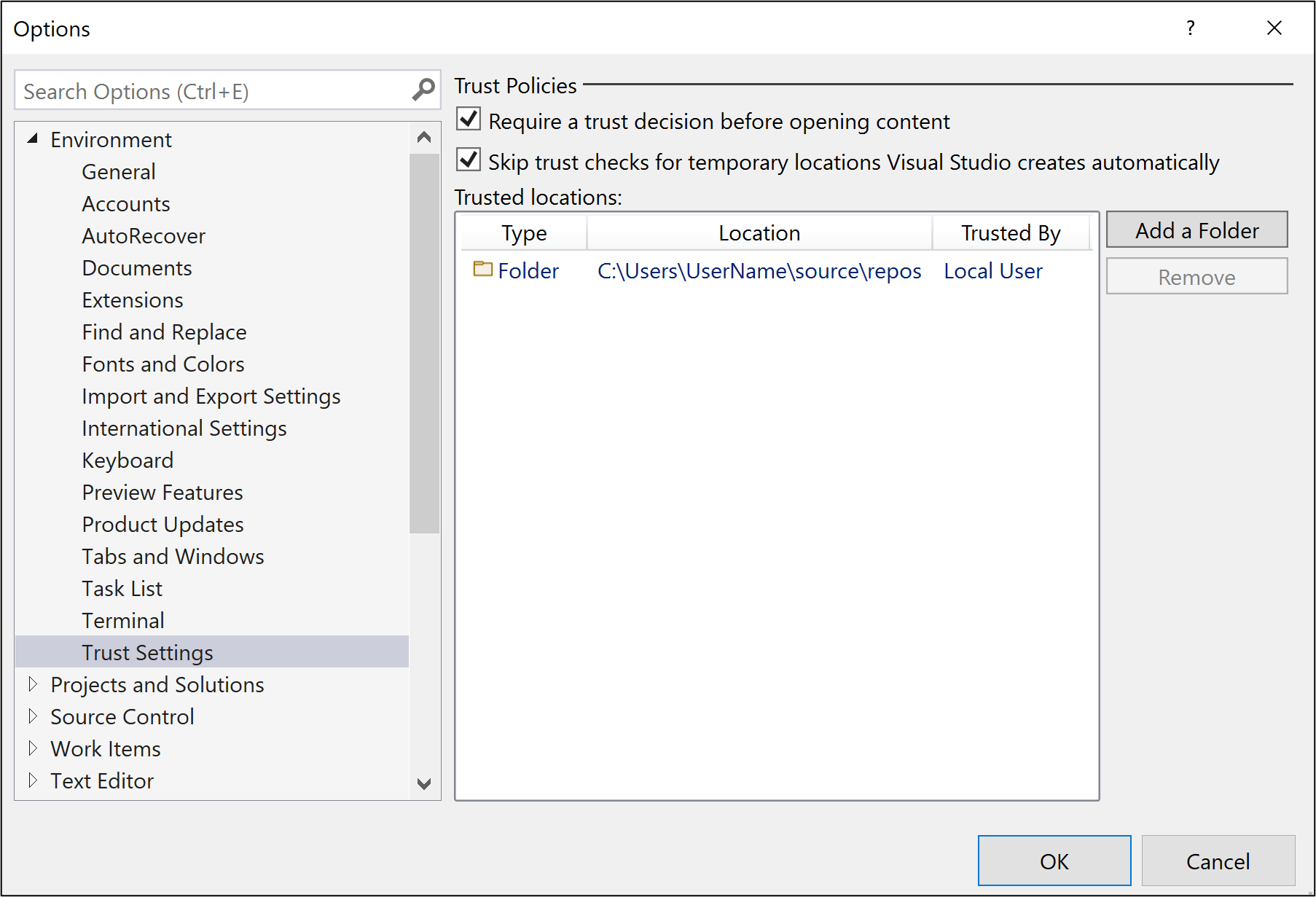 Configurações de confiança de arquivos e pastas - Visual Studio (Windows)