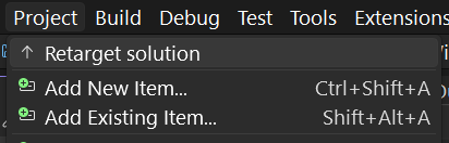 Captura de tela mostrando o comando do projeto Retarget na lista suspensa da barra de ferramentas do projeto.