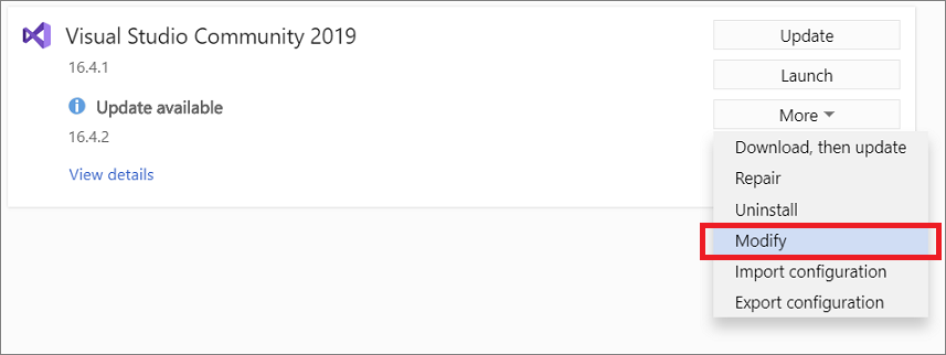 Captura de tela do botão Modificar no Instalador do Visual Studio.