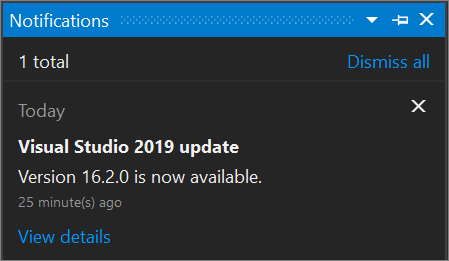 Captura de tela mostrando o Hub de notificação no Visual Studio 2019.