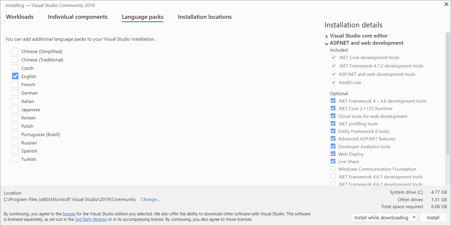 Captura de tela mostrando a guia Pacotes de idiomas do Instalador do Visual Studio.
