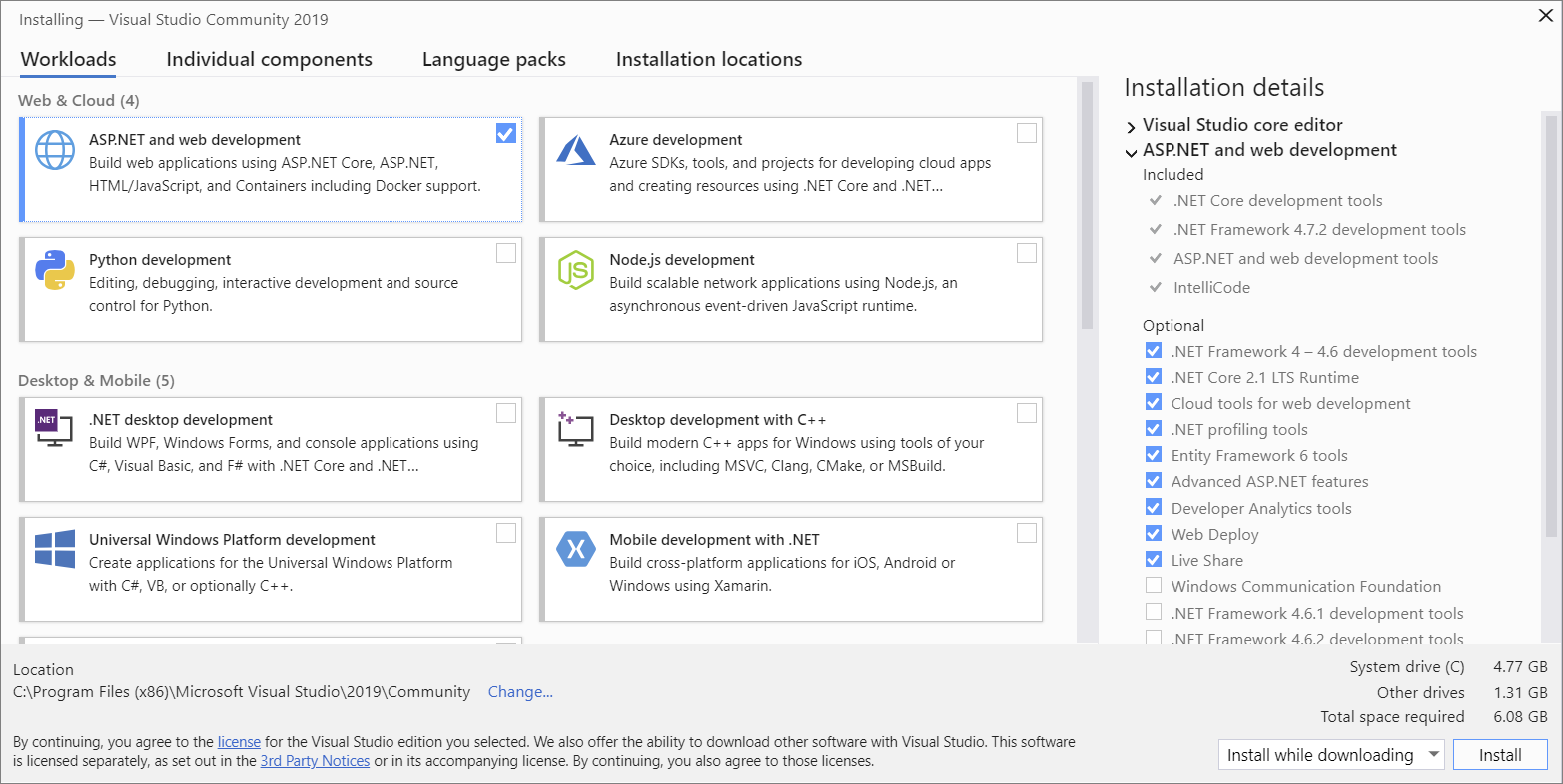 Captura de tela mostrando a guia Cargas de Trabalho do Instalador do Visual Studio.