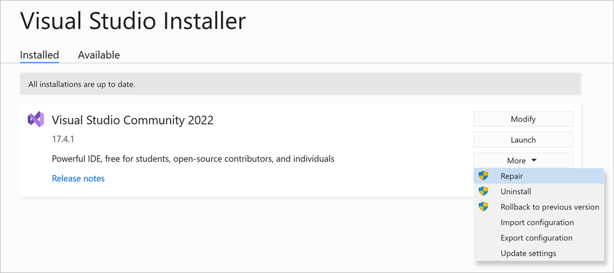 Screenshot showing the Repair option in the More dropdown menu of the Visual Studio Installer.