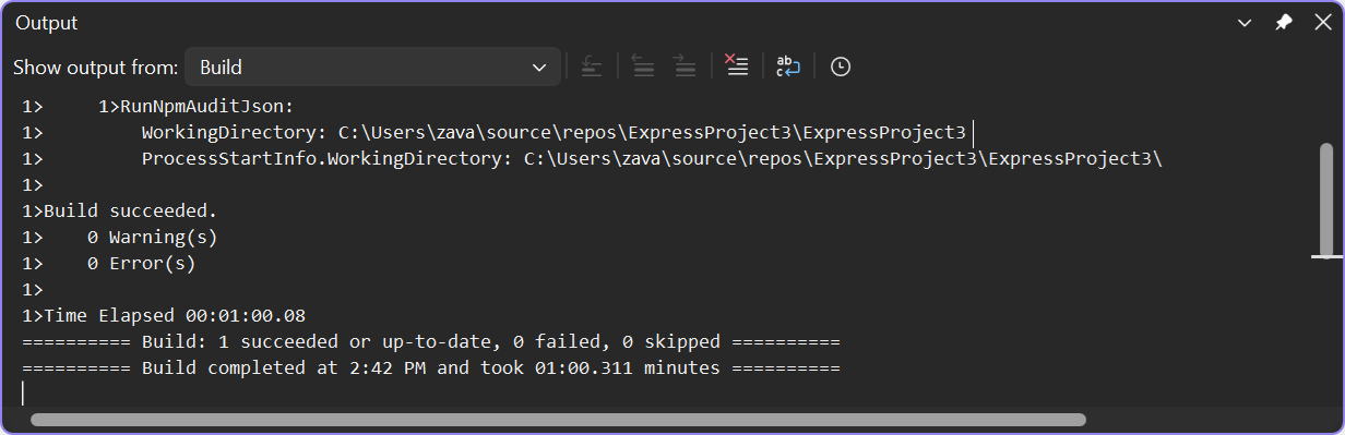 Captura de tela da saída de build detalhada no Visual Studio.