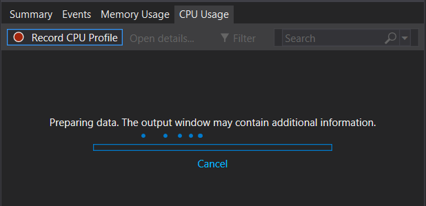 Screenshot that shows Diagnostics Tools preparing threads.