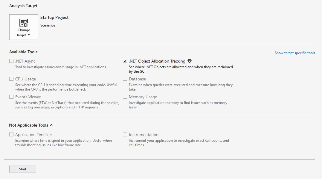 Captura de tela da ferramenta de rastreamento de alocação de objeto do Dotnet selecionada.