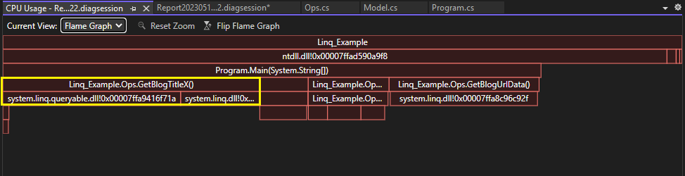 Captura de tela do uso aprimorado da CPU na visualização Gráfico de Chama da ferramenta de Uso da CPU.